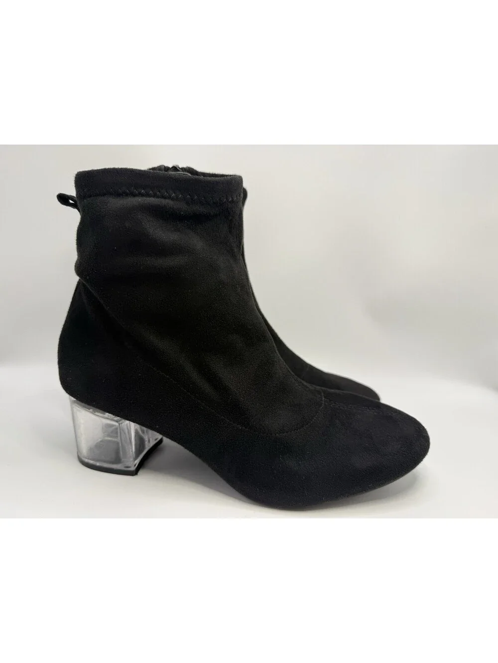 Bar III Lacy Women Black Soft Suede Ankle Bootie Clear Lucite Block Heel Sz 7.5